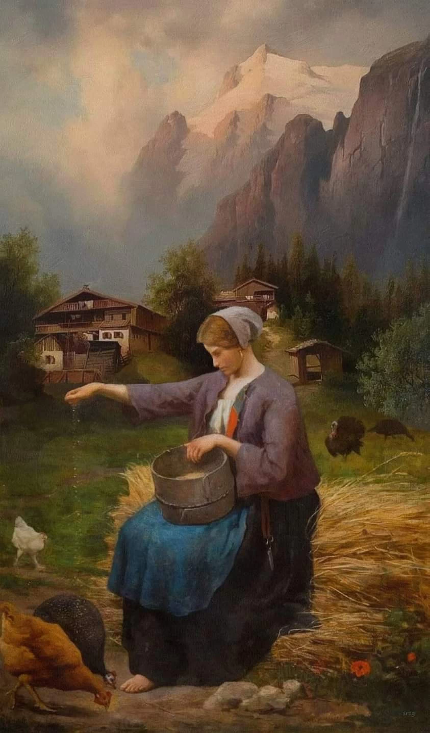 Ragazza che da da mangiare alle galline